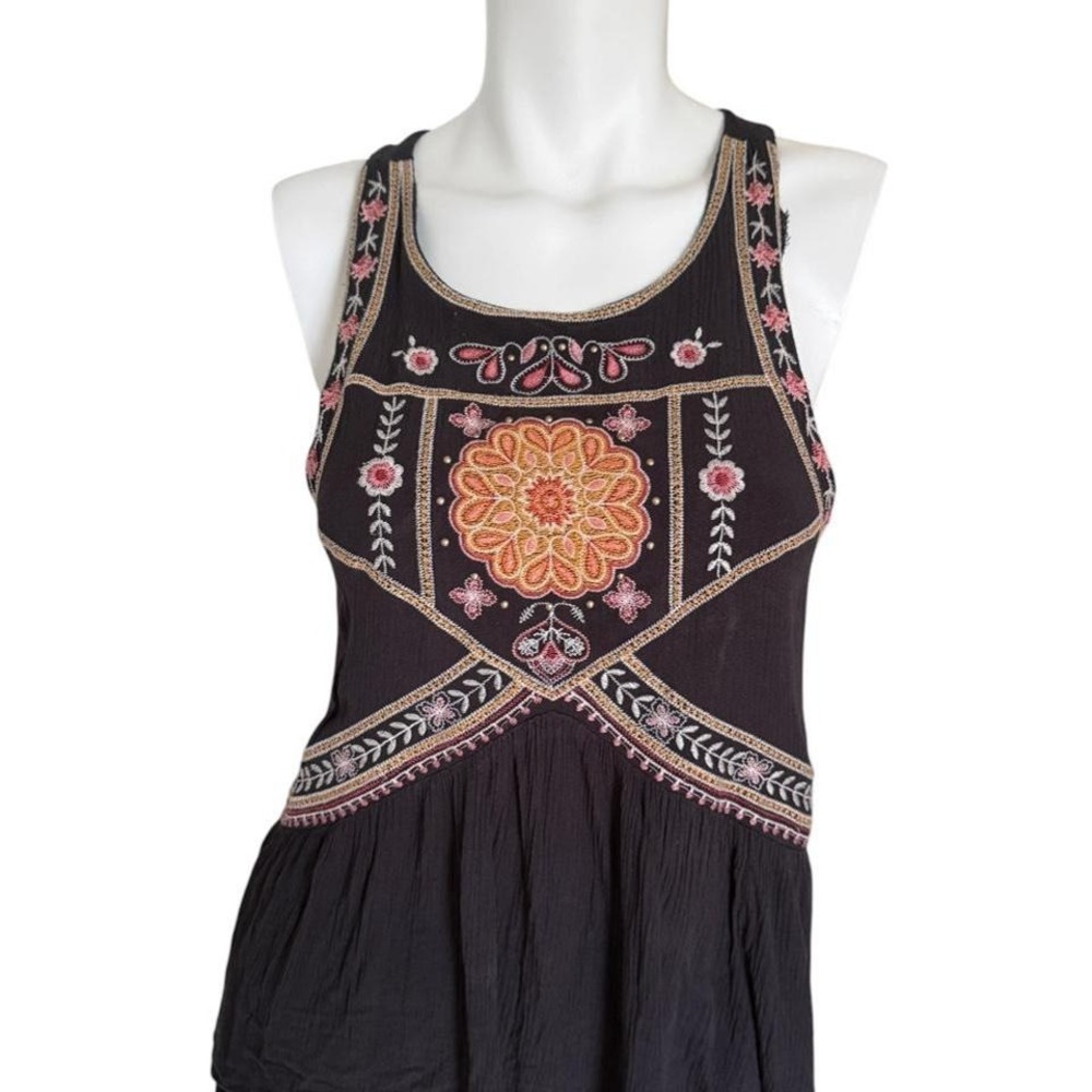 Y2K‎ Xhilaration Dark Grey Embroidered Boho Babydoll Tank Top Blouse